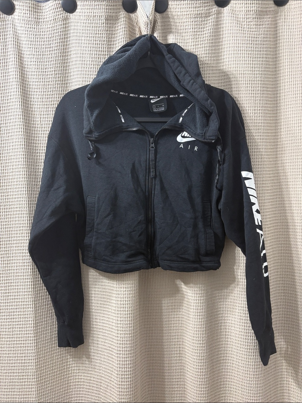 Nike Black Zip-Up cropped Hooded Sweatshirt with White Logo